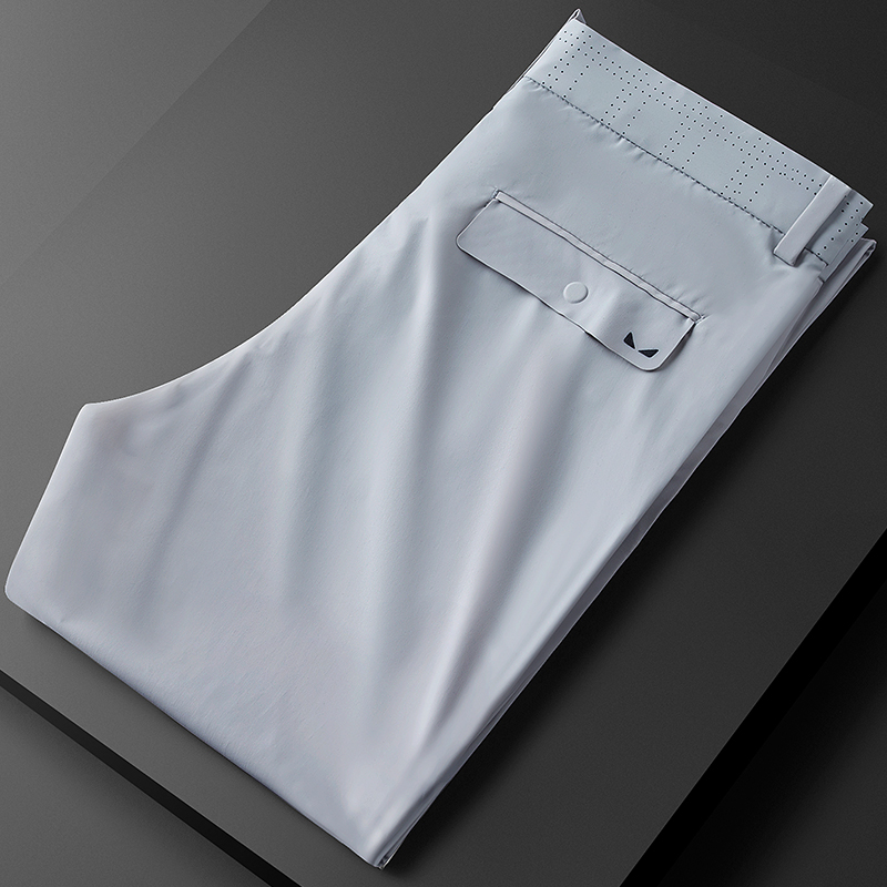 TXV夏季薄款冰丝滑料弹力西裤子男修身直筒浅灰色商务休闲裤男士