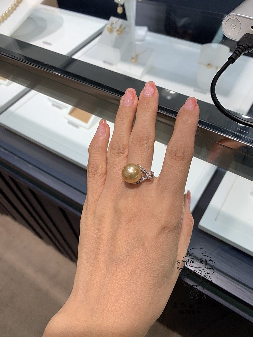 香港mikimoto御木本18k白金镶钻大颗南洋金珠女生手饰