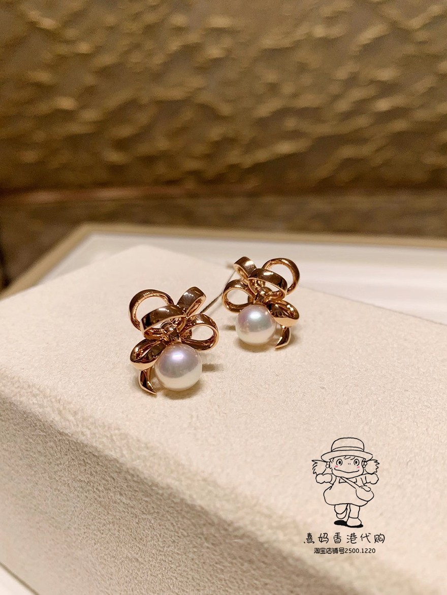 香港mikimoto御木本18k玫瑰akoya珍珠立体丝带花款耳饰