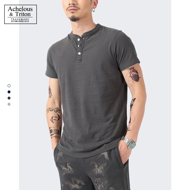 亨利领t恤短袖男纯棉修身打底衫阿美咔叽美式复古纯色休闲亨利衫