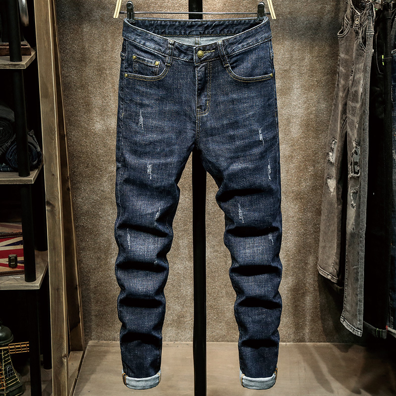 高端潮牌深蓝色男士牛仔裤韩版潮流修身小脚裤2022年春秋新款裤子