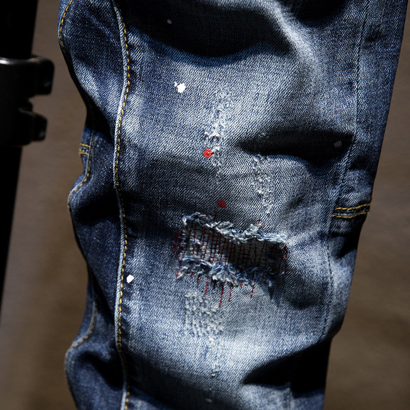 乞丐破洞牛仔裤男韩版潮牌嘻哈复古欧美风喷漆个性修