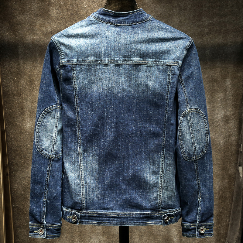 秋季蓝色牛仔外套男潮牌弹力修身拼接男士夹克洋气机能上衣褂子厚