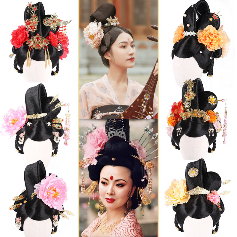 古装唐朝贵妃造型假发男女反串表演宫廷一体式日常整顶假发