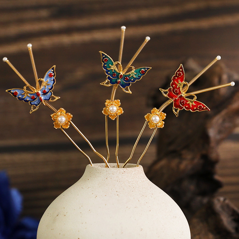 汉服头饰弹簧蝴蝶发簪扑棱蛾子发钗烧蓝颤蝶发饰