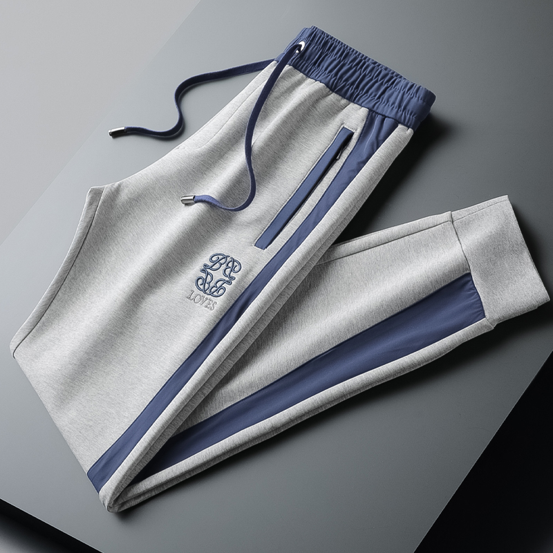 夏季品质刺绣休闲针织裤男潮流时尚拼色小脚卫裤男束脚灰色裤子男