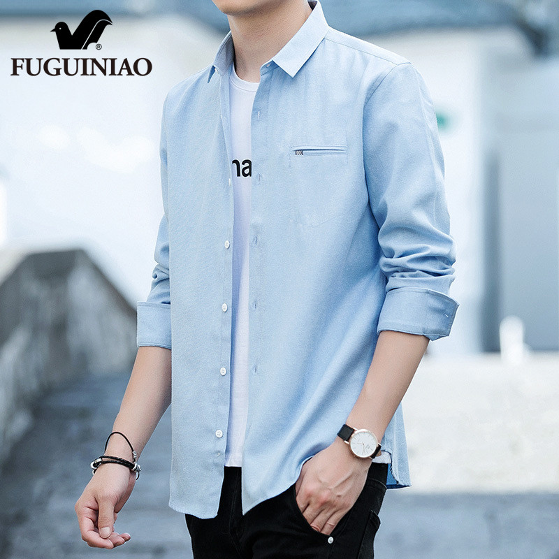 富贵鸟长袖衬衫男士夏季薄款潮牌宽松免烫寸衫休闲棉麻衬衣男外套