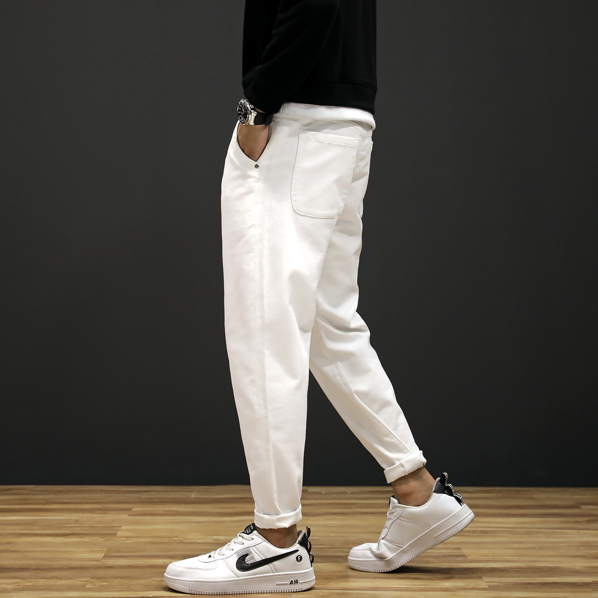 高级感白色牛仔裤男潮牌宽松弹力长裤韩版潮流男裤哈伦休闲白裤子