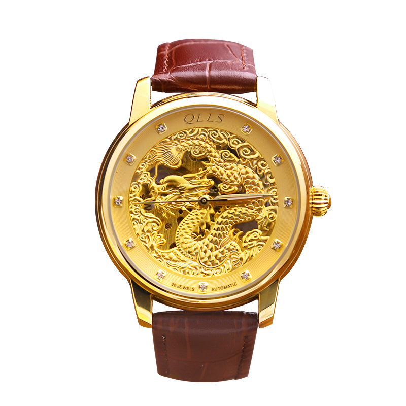 奇洛时金龙图案表盘全自动机械表镂空可视机芯时尚男士手表