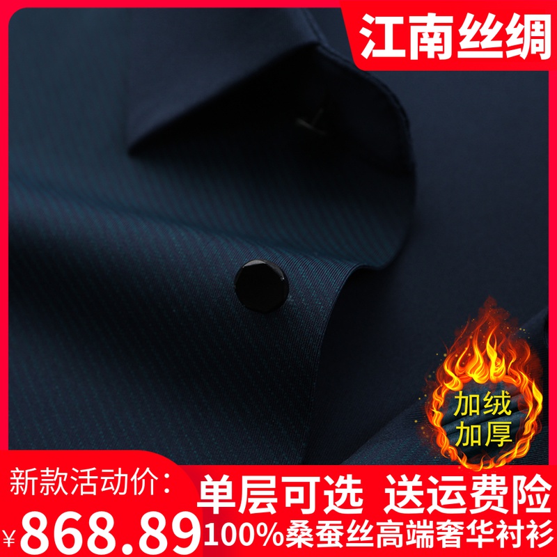 高端丝绸男装新款100%重磅真丝男衬衫长袖加绒保暖桑蚕丝条纹衬衣