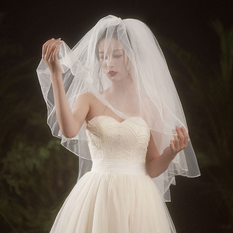 新娘头纱双层遮面短款韩式素纱婚纱面纱影楼拍照款蓬蓬款头饰配饰