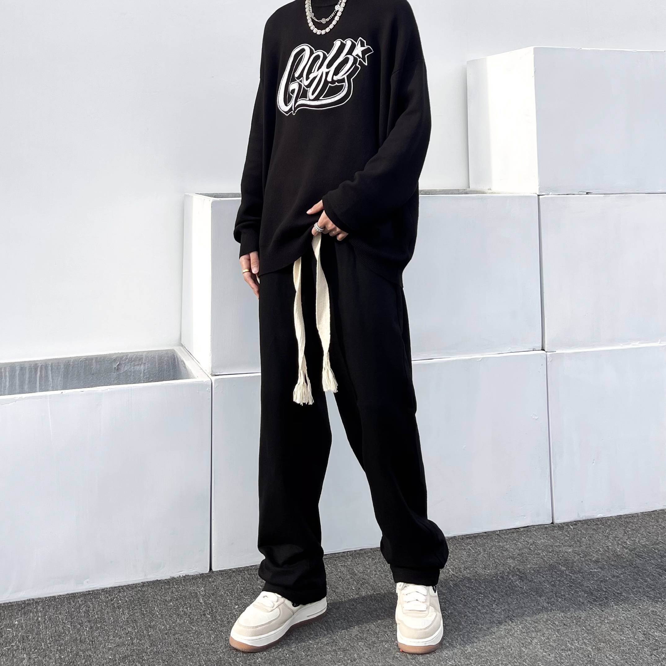 潮WOO专属 小众抽绳直筒休闲裤设计感高街裤子坠感阔腿黑色长裤男