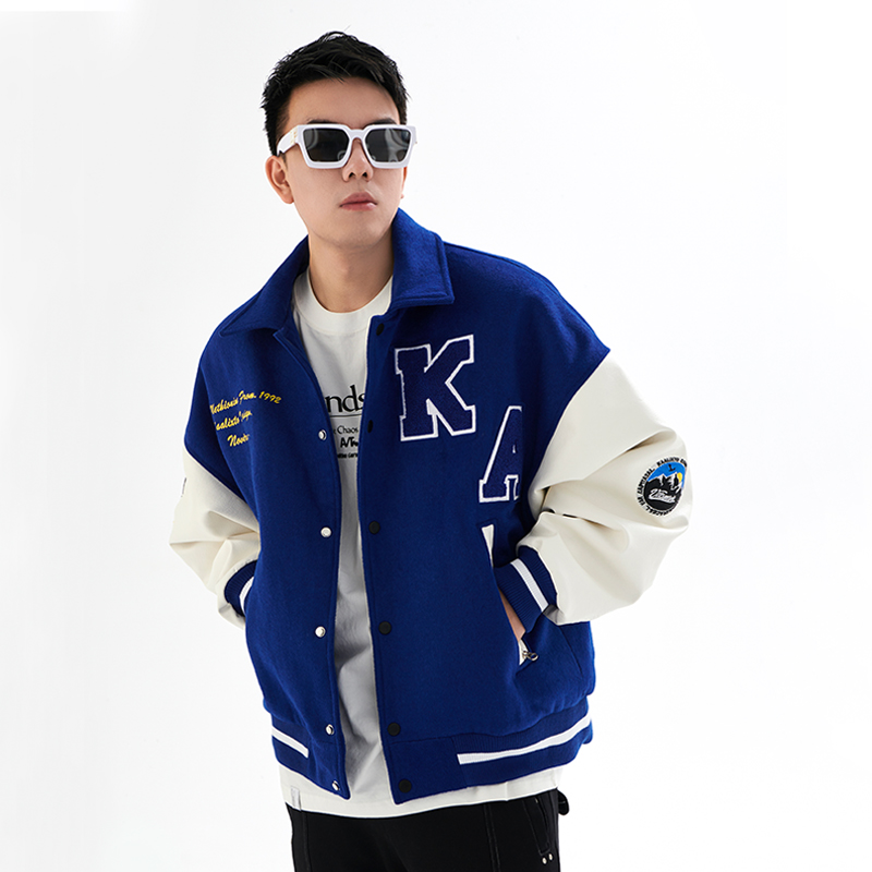 Kaalixto国潮牌翻领棒球服外套痞帅男士加厚美式克莱因蓝毛呢夹克