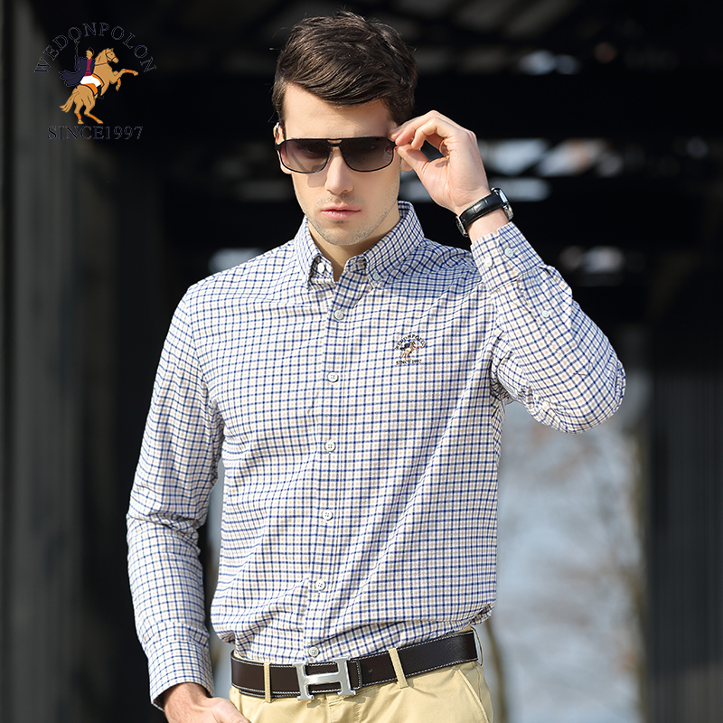 保罗男士格子衬衣长袖春秋款商务工装中青年休闲男式修身白寸衣