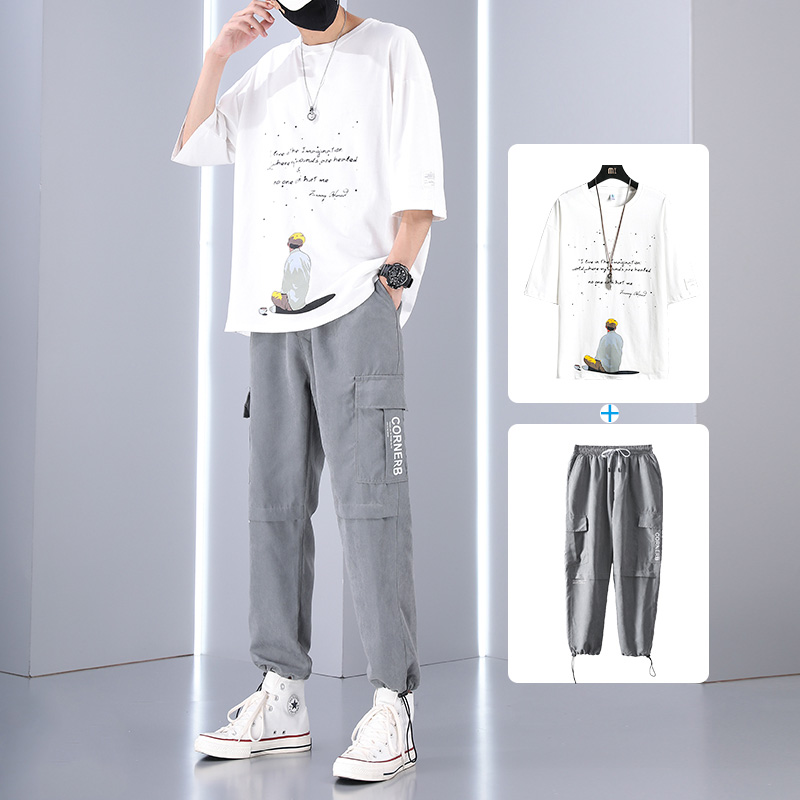 夏季港风短袖t恤套装男五分袖高中学生运动休闲ins潮流搭配痞帅气