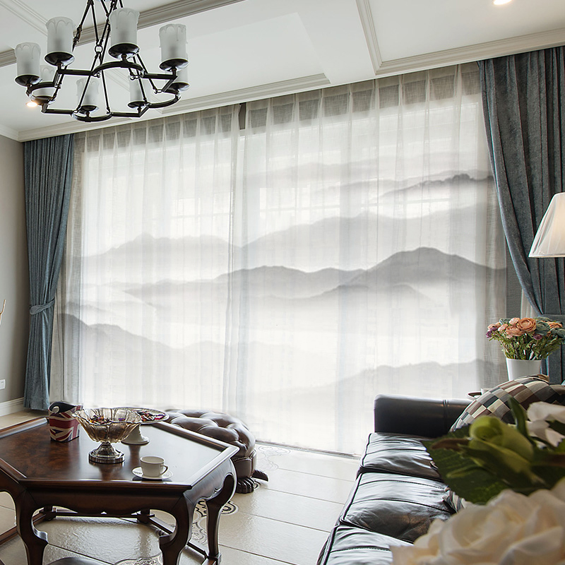 新中式窗帘水墨画山水书房客厅窗纱名宿禅意阳台纱中国风古典纱帘