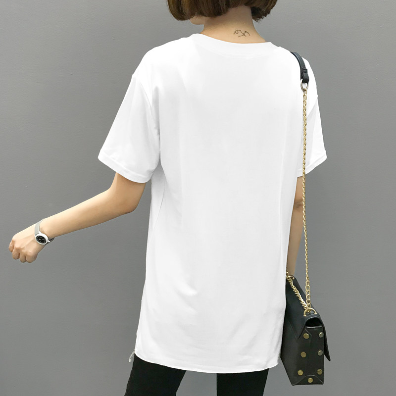 短袖破洞t恤女2022新款超火白色中长款夏韩版欧货大版ins潮上衣服