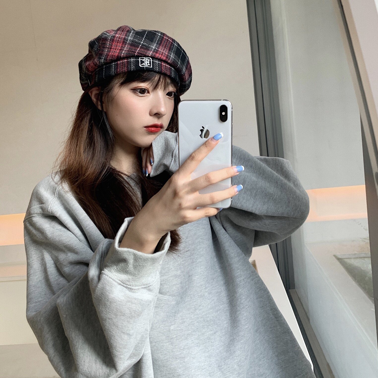 jennie新款秋冬冬天时髦贝雷帽子女韩版百搭格纹帽子