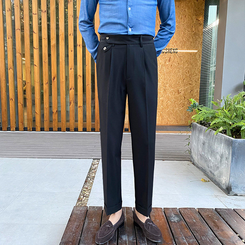 enlas英兰仕简约休闲裤男士百搭垂感折裤脚修身十分西裤