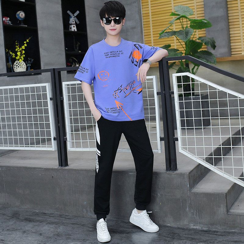 短袖气大帅气中学生青少年初中高中1315岁男孩套装t恤