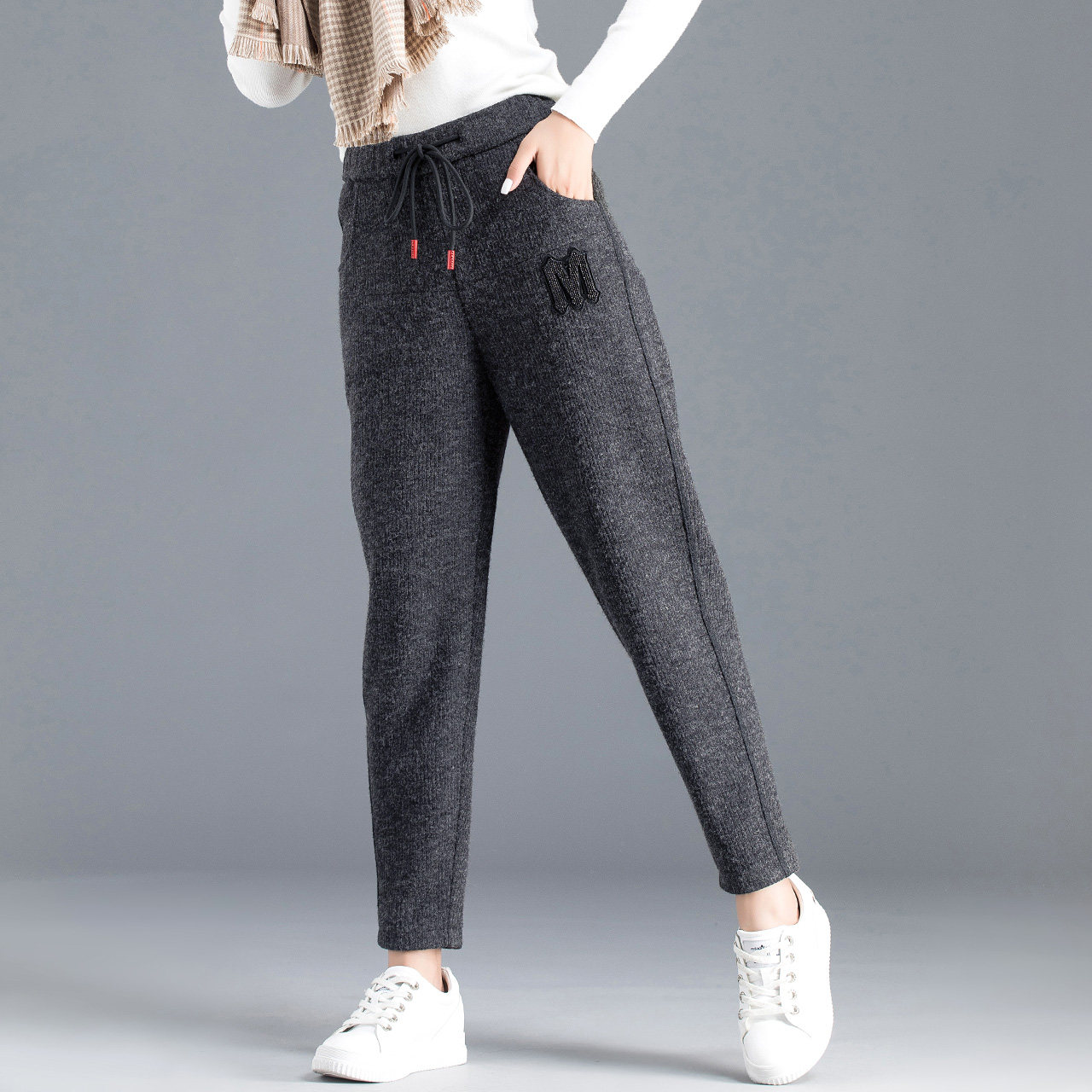 针织裤女秋冬毛线裤子外穿宽松加绒女裤网红奶奶裤小脚哈伦裤九分