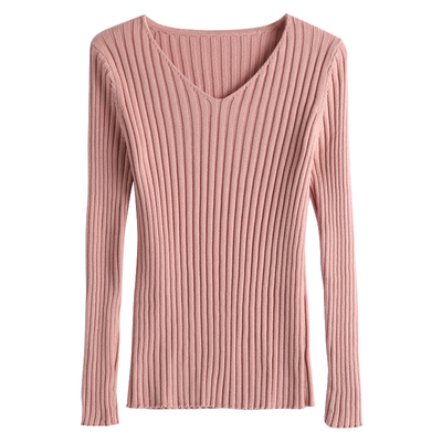 春秋新款纯棉线长袖针织衫女v领套头修身薄毛衣打底内搭上衣短款