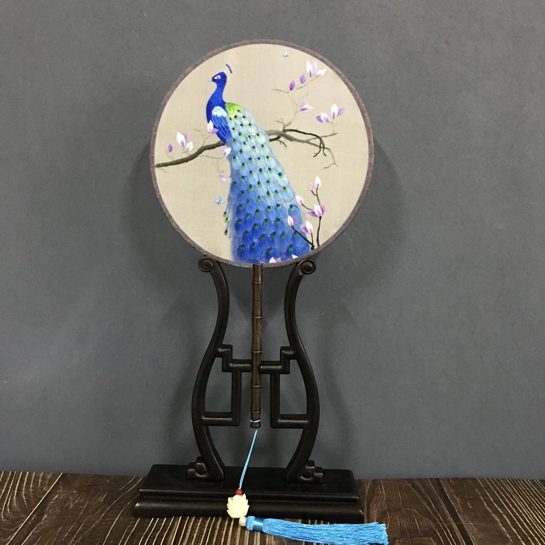刺绣手工孔雀苏州苏绣双面圆形扇面刺绣