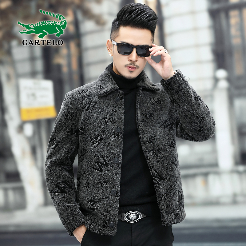 鳄鱼羊剪绒皮大衣男短款皮毛一体潮流翻领颗粒羊羔毛皮草夹克外套