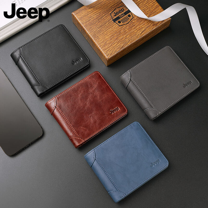 jeep男士钱包2023新款真皮短款皮夹复古头层钱包