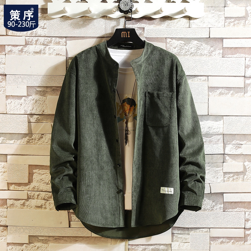 复古男士长袖衬衫胖子宽松加肥加大码休闲衬衣潮流春秋季寸衣外套