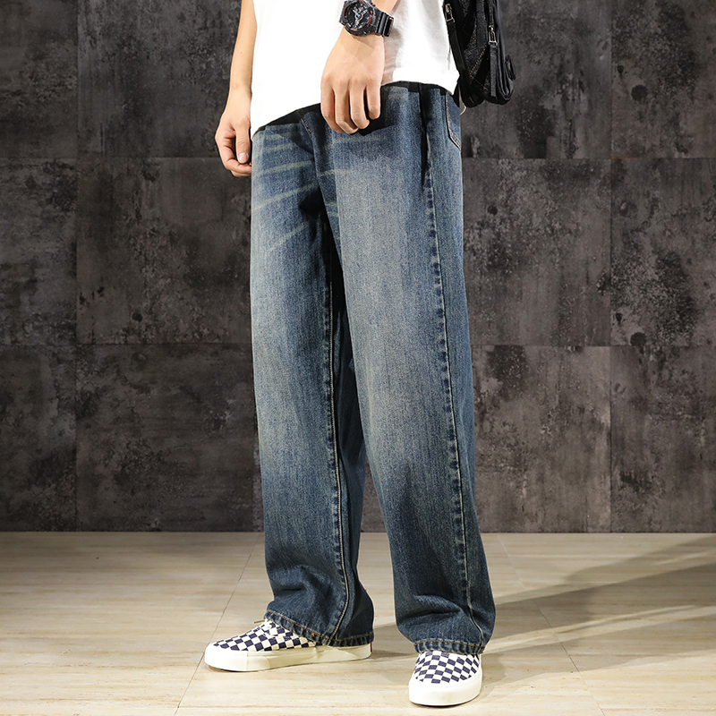 深色阔腿牛仔裤男士直筒宽松2022春夏新款水洗复古垂感长裤子夏季