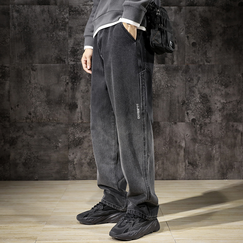 宽松直筒牛仔裤男士大码加肥加大长裤秋冬季厚款阔腿老爹裤子男