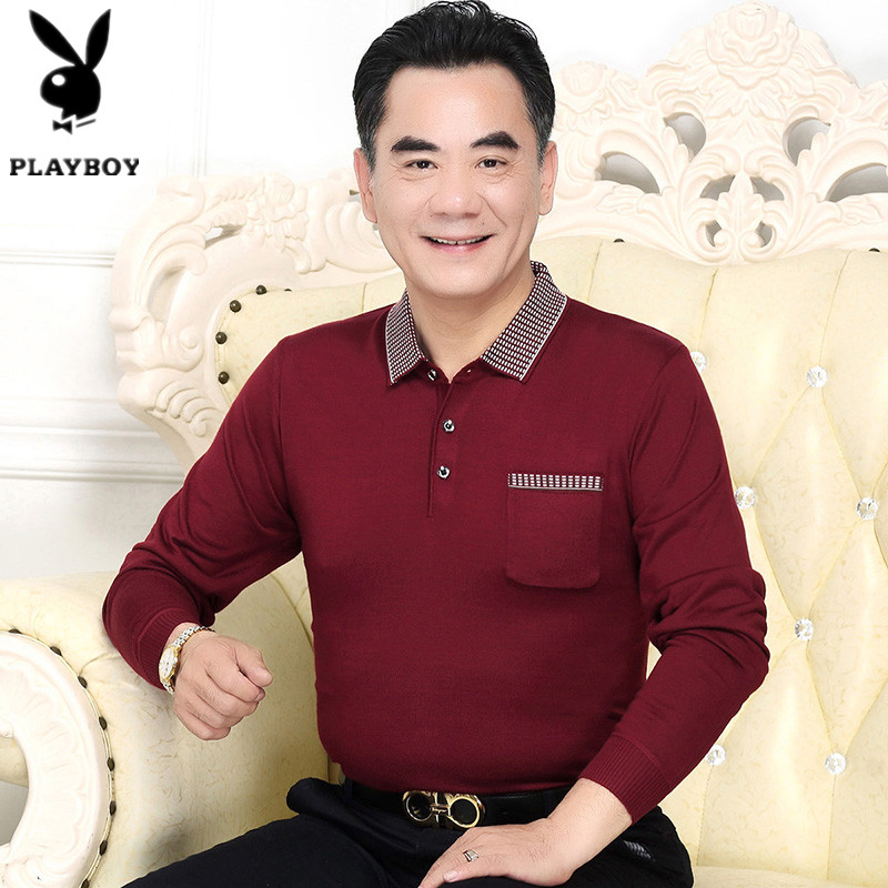 秋冬季新款中老年男参加婚礼宴会本命年红色爸爸装针织Tt恤衫毛衣