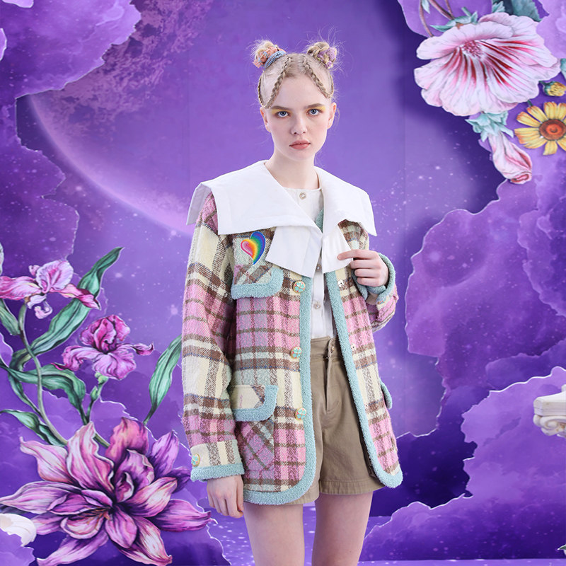 charfen朝峰2021秋冬新款时尚格纹短款外套cfb5d507516a毛呢外套