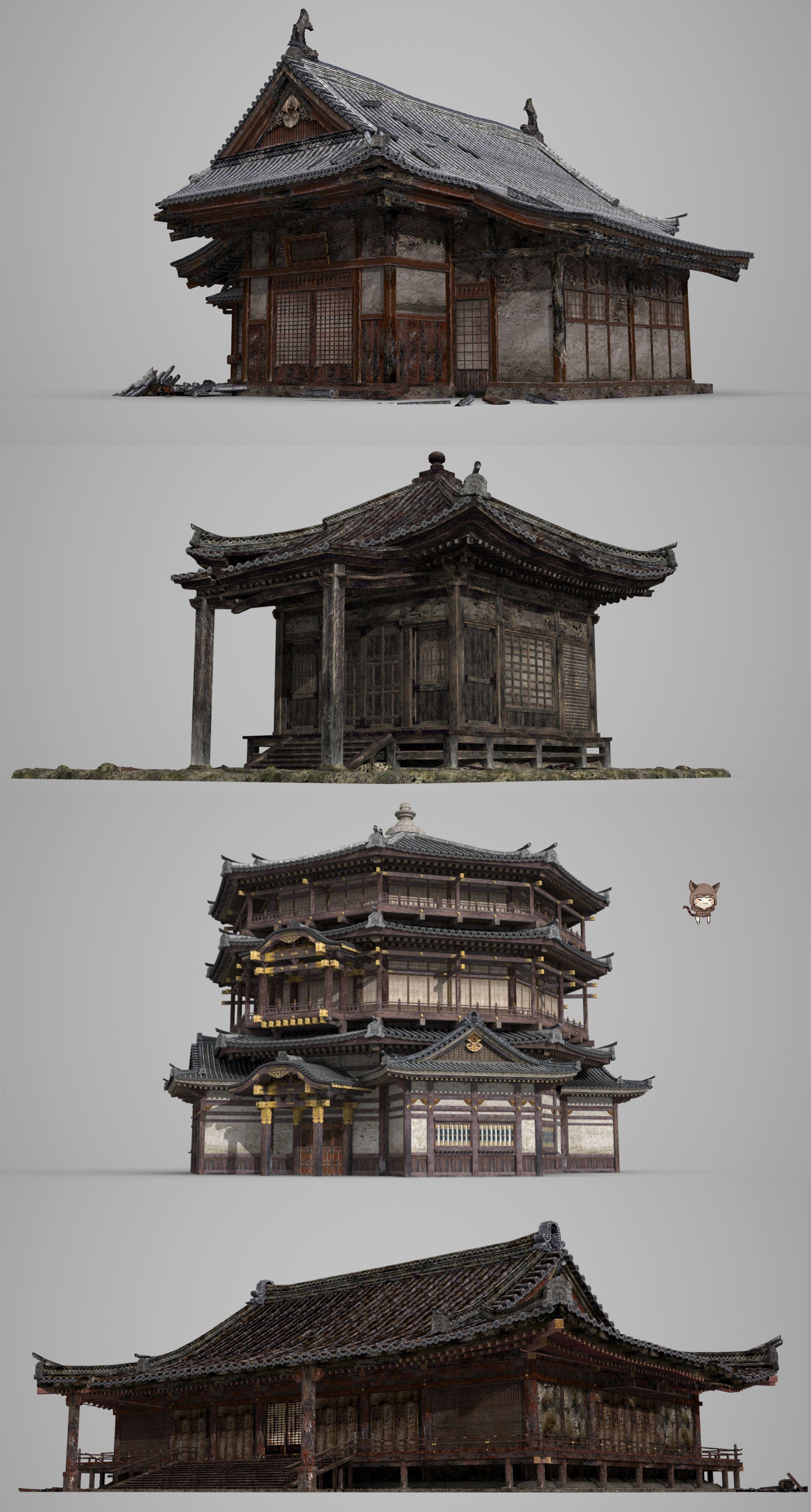 亚洲中国国风古建筑茅草茅草房房屋3d建筑场景设计素材