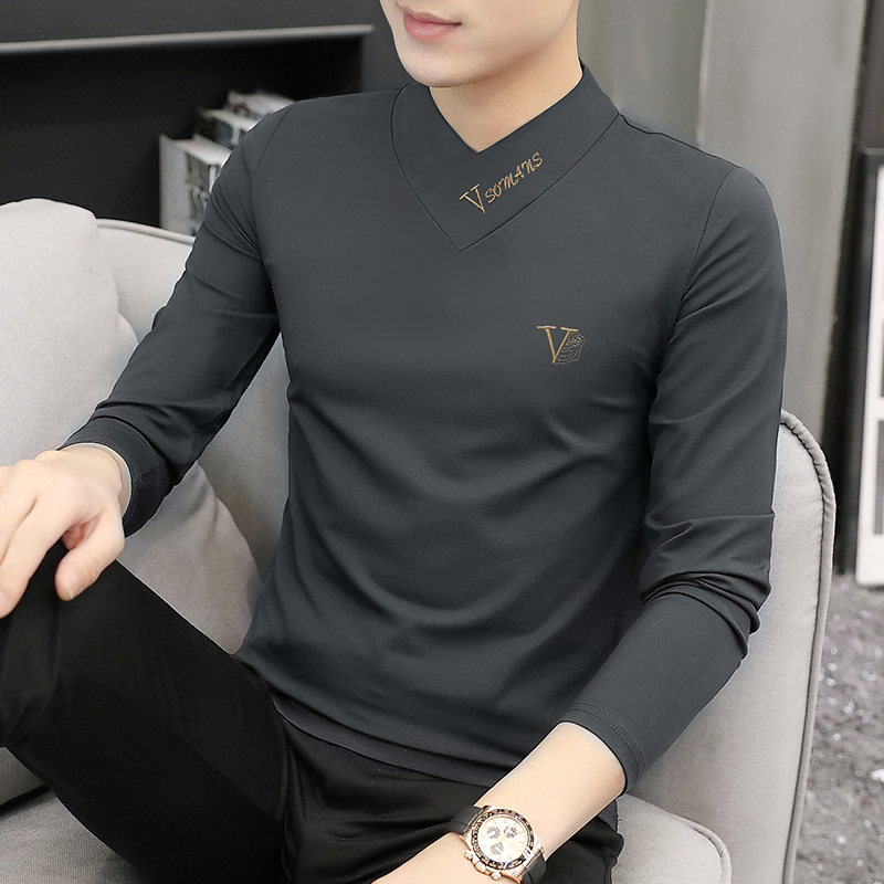 2件】莫代尔 长袖t恤男秋冬半高V领加绒保暖打底衫秋装上衣服秋衣