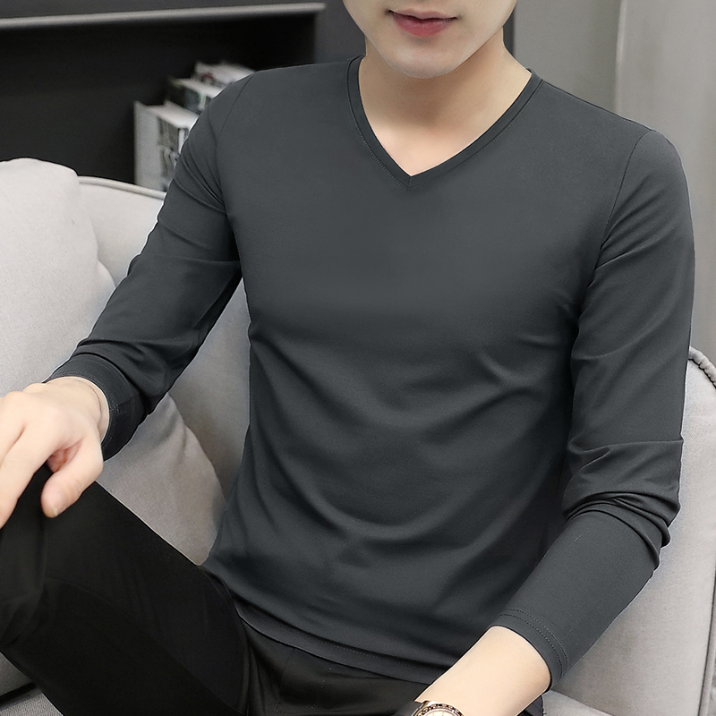 2件】莫代尔 长袖t恤男士v领秋衣加绒加厚保暖打底衫上衣服男秋冬