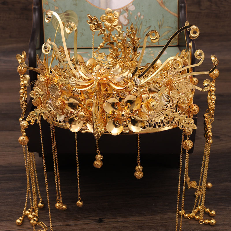 中式新娘凤冠头饰2020新款复古整圈大气金色发饰