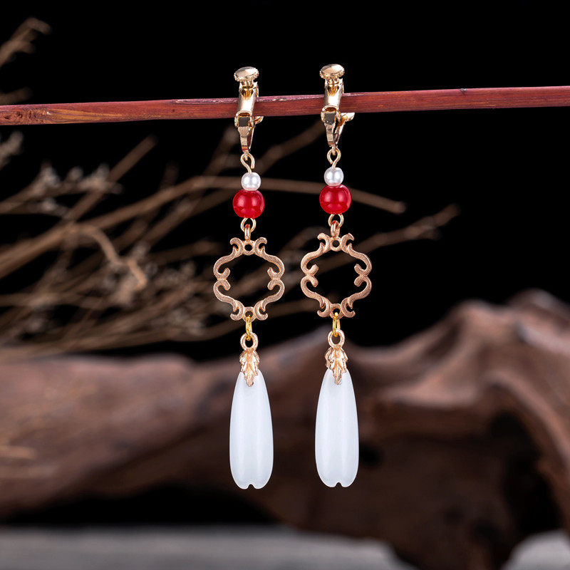 古风白玉耳环汉服耳饰超仙民族风长款流苏耳坠耳环