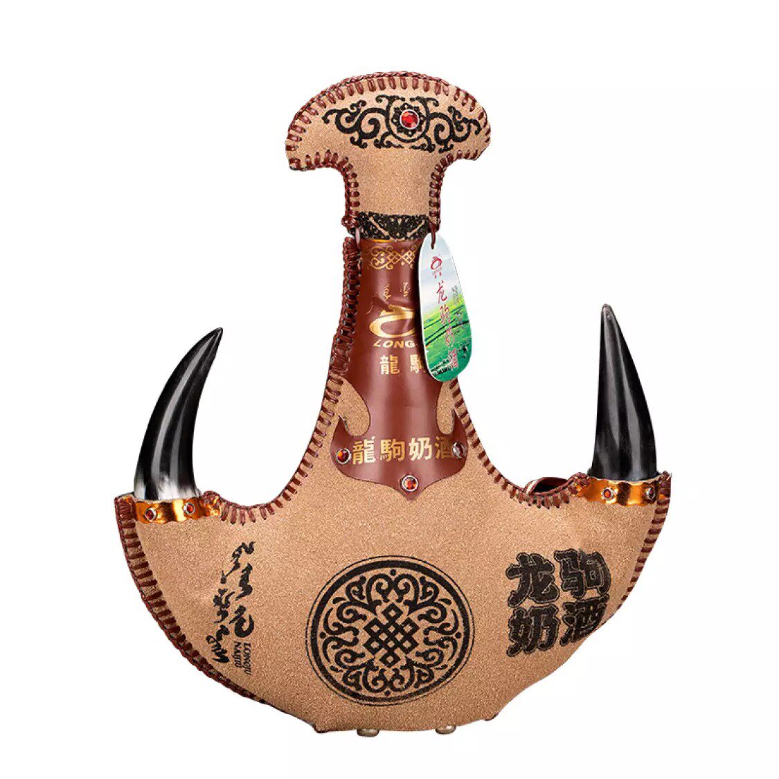 龙驹奶酒内蒙特产苍狼白鹿系列52度纯手工缝制真黑牛角皮囊白酒