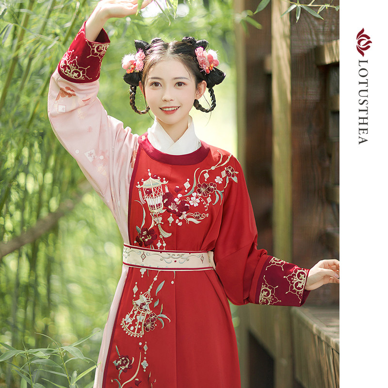 汉尚华莲月悬星落唐制圆领袍原创正品红色汉服女春秋日常民族风