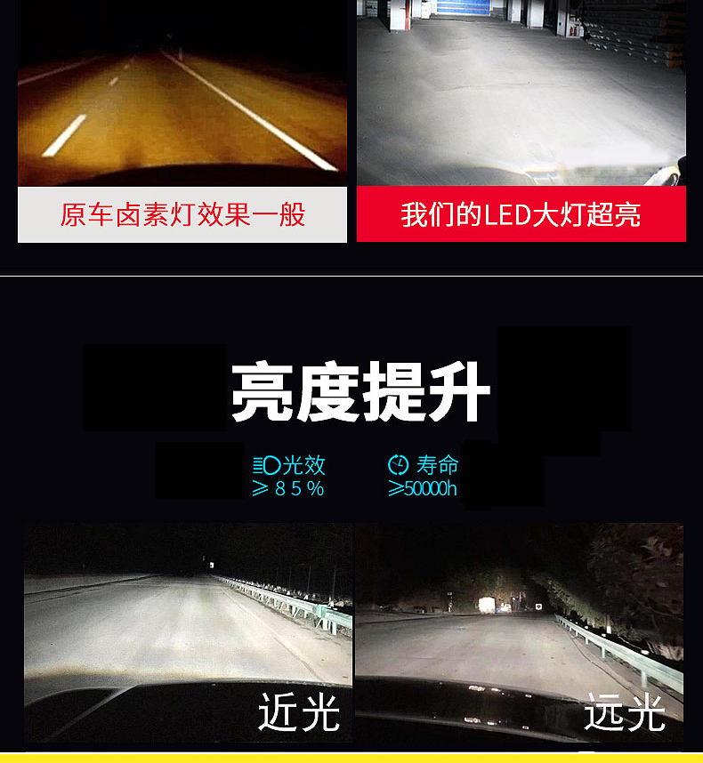 汽车LED大灯H7强光超亮H4远近一体9005改装H11前灯泡100W带透镜用 - 图1