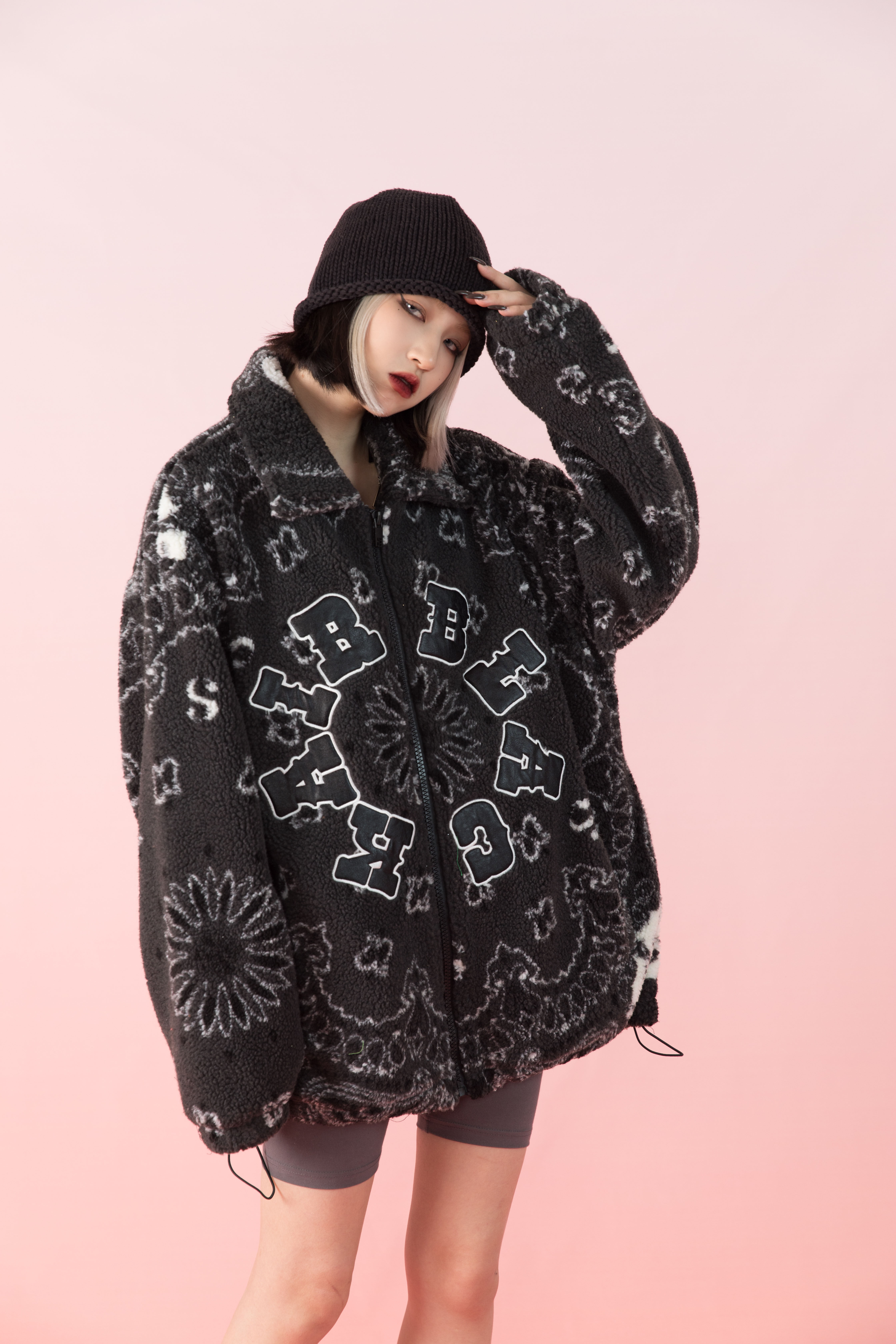 美式复古西海岸腰果花翻领棉衣女潮炸街设计感羊羔绒夹棉加厚外套