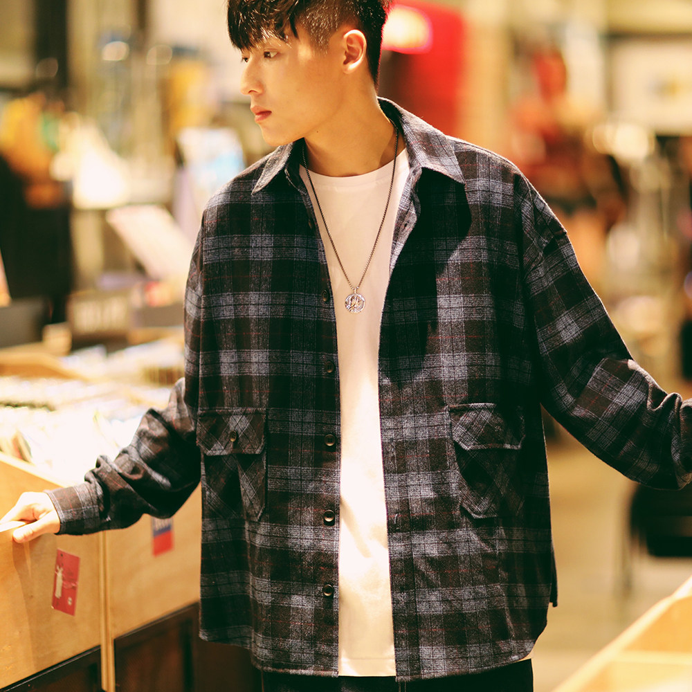 psobrand蓝黑口袋格子衬衫男国潮港风格宽松衬衫