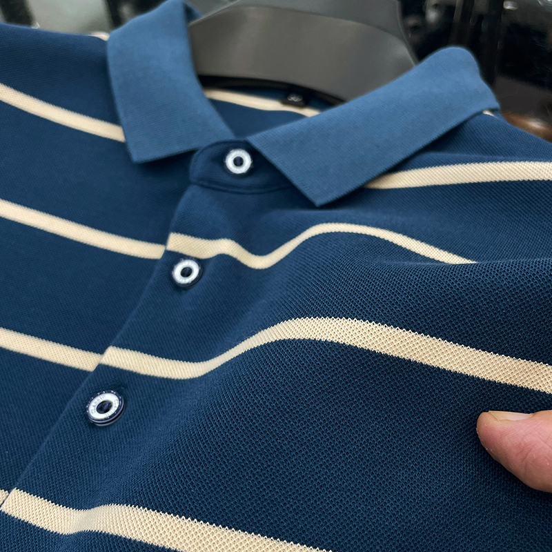 100%纯棉~供商场！长袖t恤男士春秋新款条纹翻领高端宽松Polo衫男