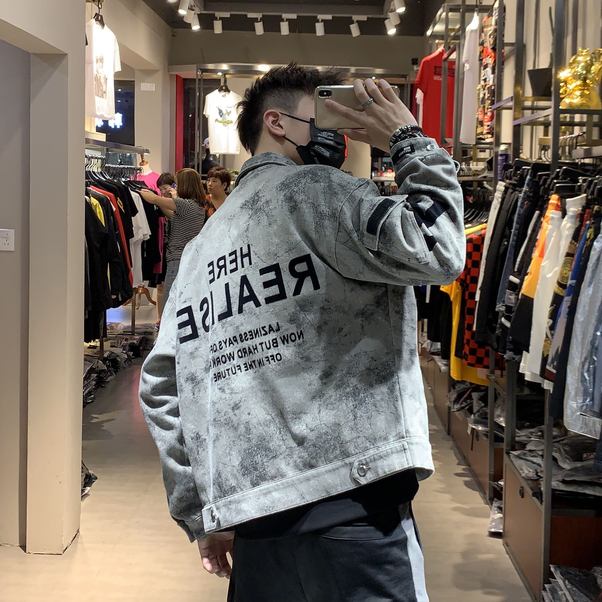 2021秋冬牛仔衣ins潮牌男装宽松溜肩迷彩花色加棉牛仔夹克外套男