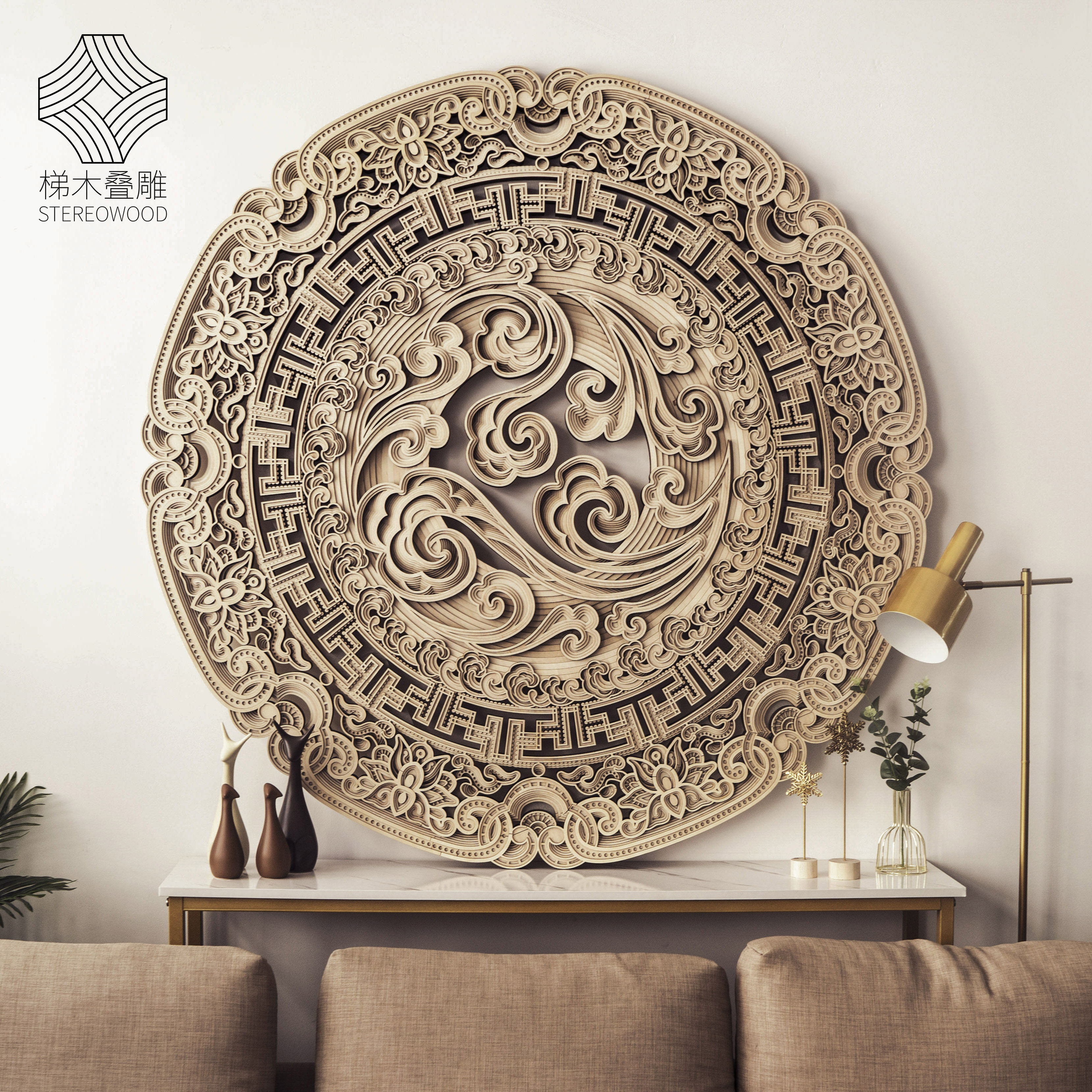 梯木叠雕创意木质新中式墙面装饰