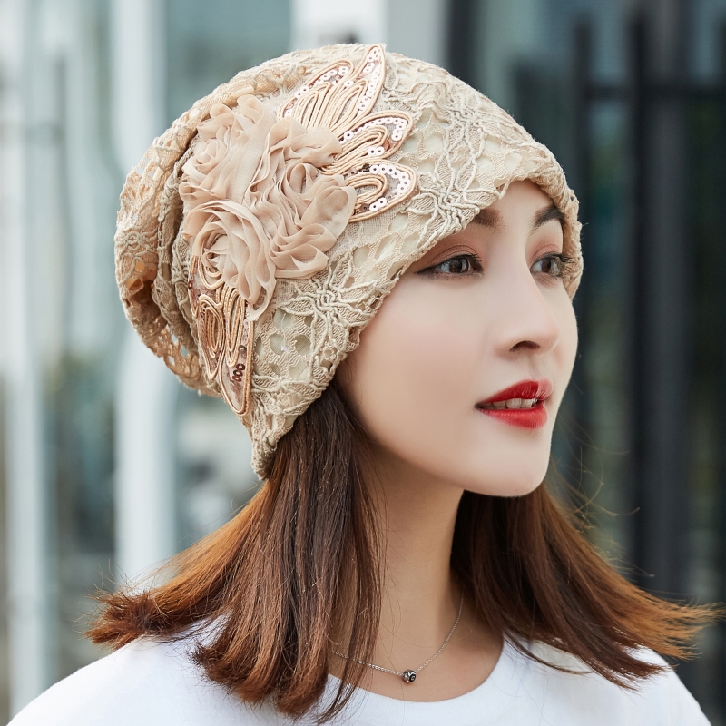 帽子子女包头蕾丝蕾丝花花朵春秋韩版薄光头帽堆堆帽子