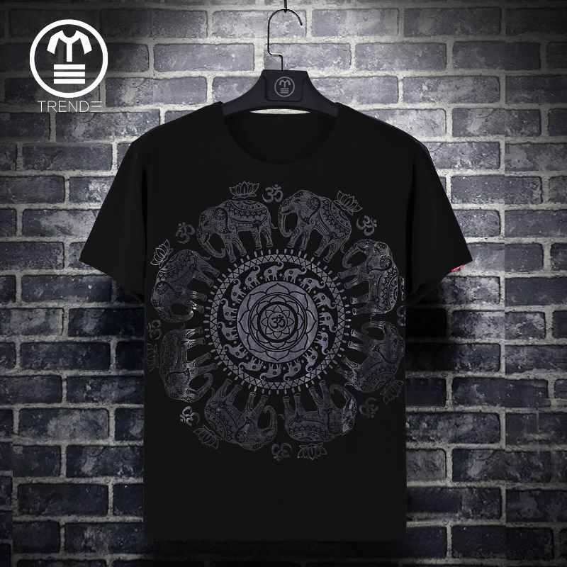 夏季新款男士t恤上衣复古印花宽松体恤大码男装男短袖t恤 潮流衫