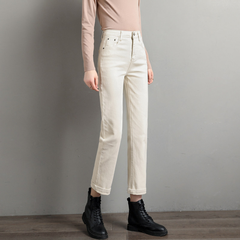 米白白色牛仔裤女直筒裤春装2021年新款女士烟管牛仔裤